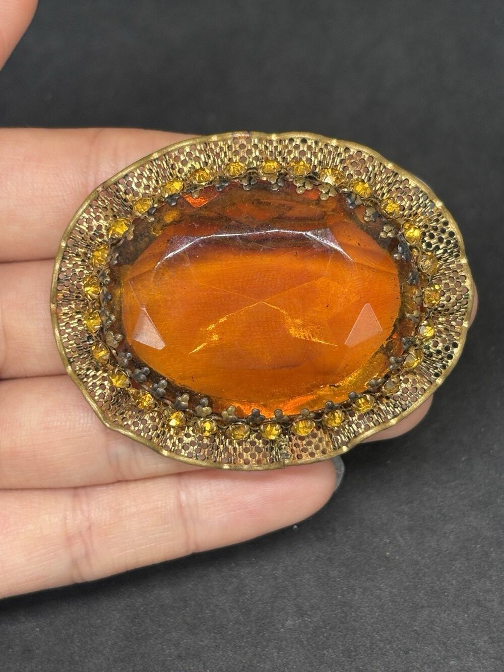 Vintage West Germany Gold Tone Filigree Amber Glass Rhinestone Brooch Pin 2”